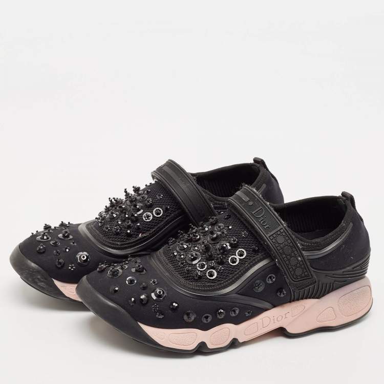 Pre Owned Dior Black Neoprene And Mesh Fusion Embellished Velcro Strap Sneakers Size 37.5