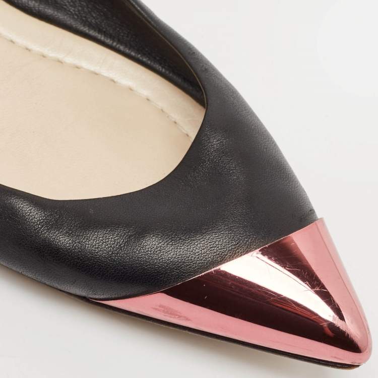 Pre Owned Dior Black Leather Metal Cap Pointed Toe Ballet Flats Size 39.5