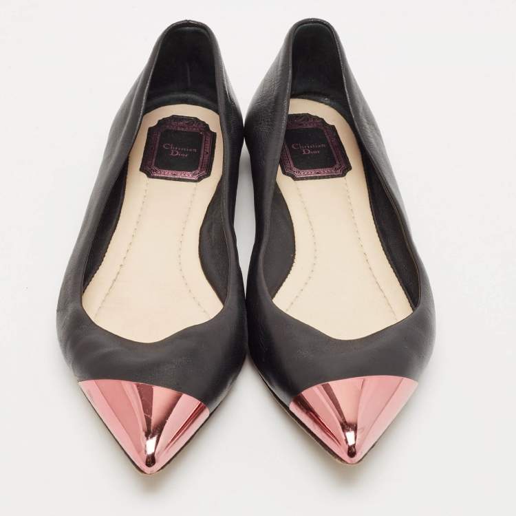 Pre Owned Dior Black Leather Metal Cap Pointed Toe Ballet Flats Size 39.5