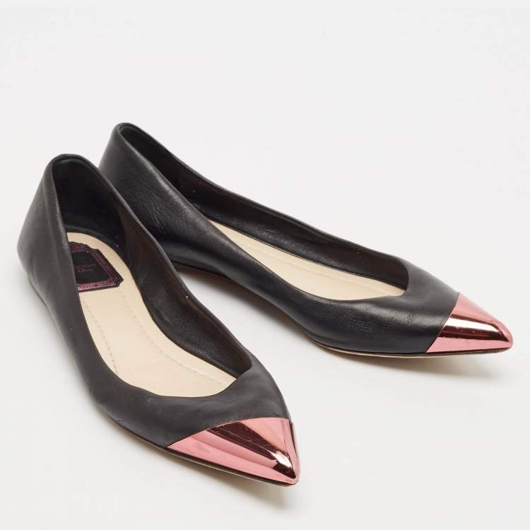 Pre Owned Dior Black Leather Metal Cap Pointed Toe Ballet Flats Size 39.5