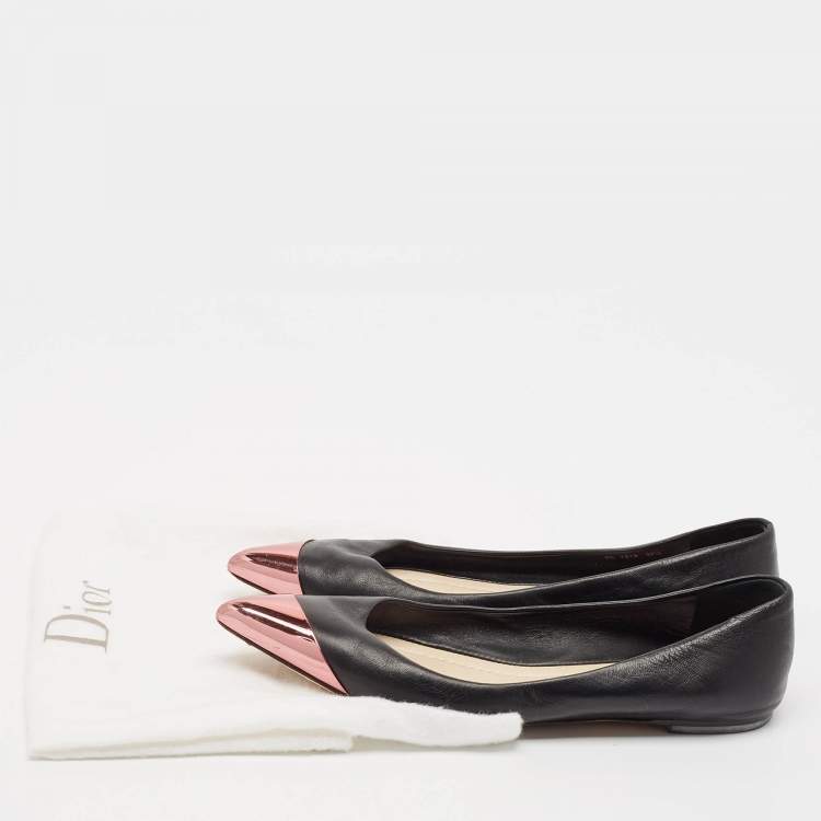 Pre Owned Dior Black Leather Metal Cap Pointed Toe Ballet Flats Size 39.5