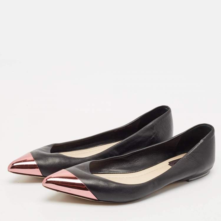 Pre Owned Dior Black Leather Metal Cap Pointed Toe Ballet Flats Size 39.5