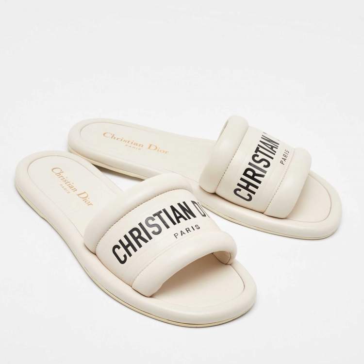 Pre Owned Dior White Leather Every-D Flat Slide Sandals Size 37