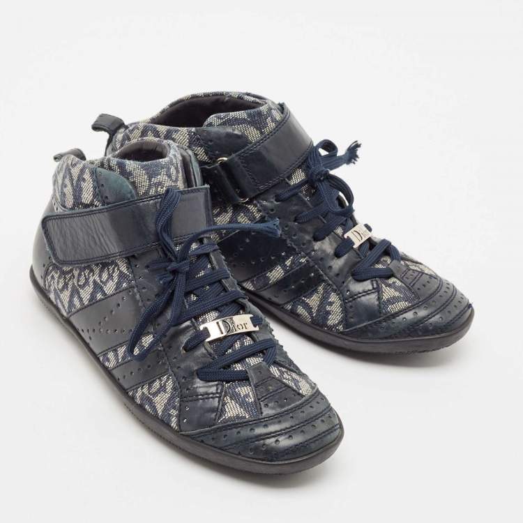 Pre Owned Dior Blue/Grey Oblique Canvas and Leather High Top Sneakers Size 37.5