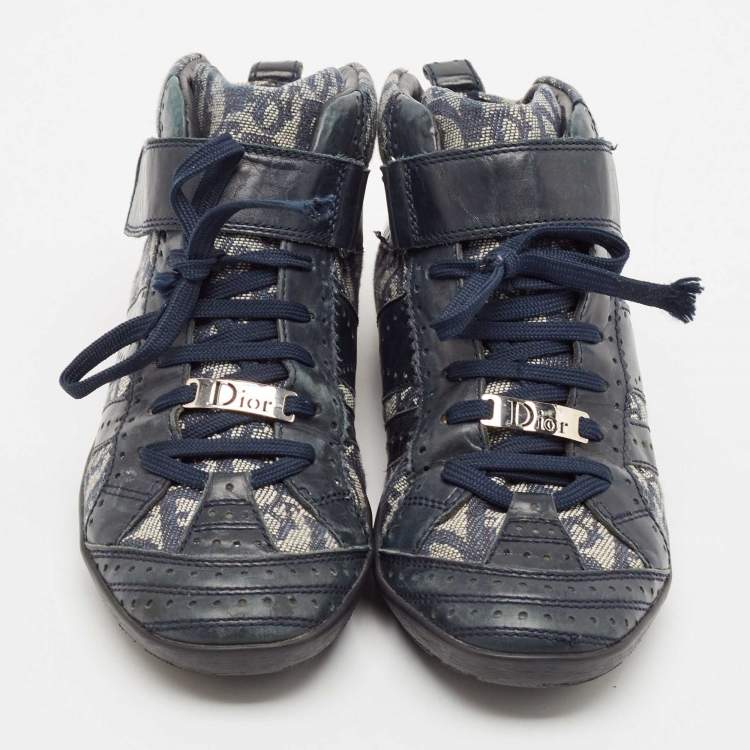 Pre Owned Dior Blue/Grey Oblique Canvas and Leather High Top Sneakers Size 37.5