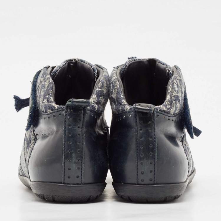 Pre Owned Dior Blue/Grey Oblique Canvas and Leather High Top Sneakers Size 37.5