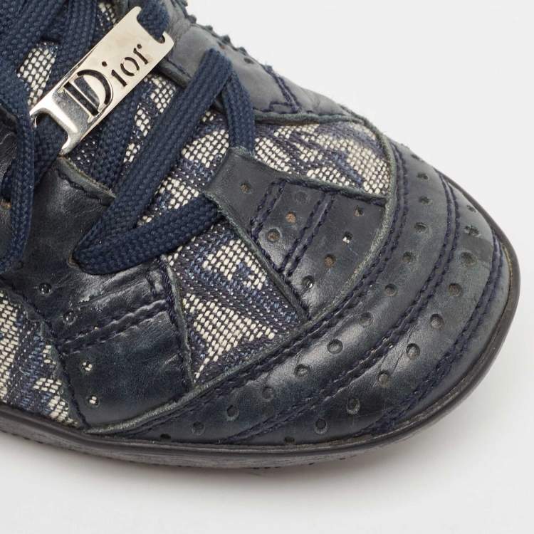 Pre Owned Dior Blue/Grey Oblique Canvas and Leather High Top Sneakers Size 37.5
