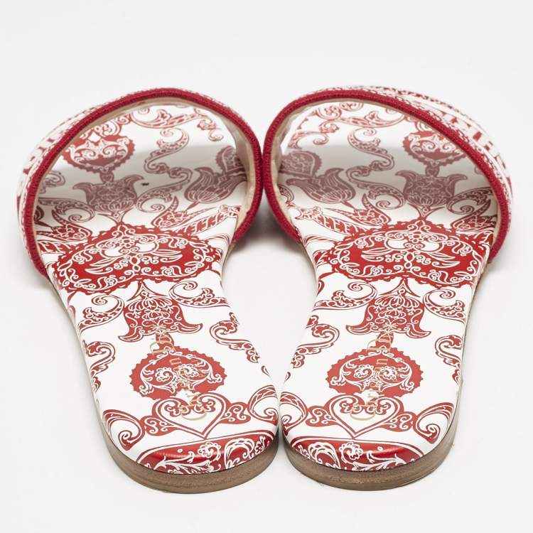 Pre Owned Dior Red/White Embroidered Canvas Dway Flat Slides Size 41