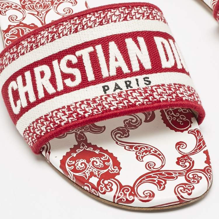 Pre Owned Dior Red/White Embroidered Canvas Dway Flat Slides Size 41