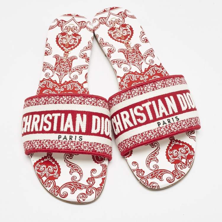 Pre Owned Dior Red/White Embroidered Canvas Dway Flat Slides Size 41