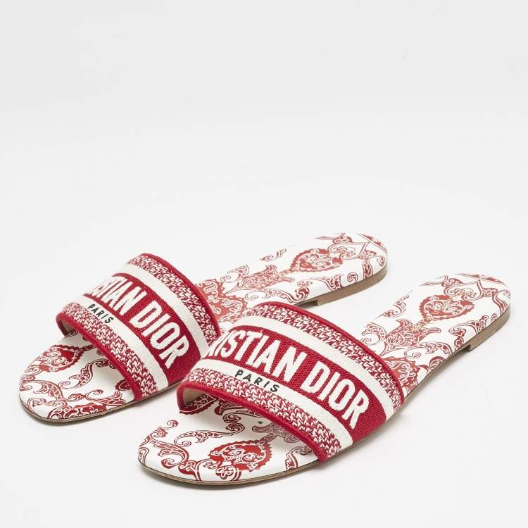 Pre Owned Dior Red/White Embroidered Canvas Dway Flat Slides Size 41