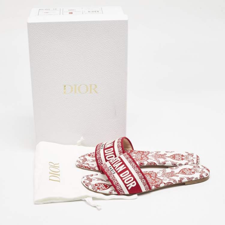 Pre Owned Dior Red/White Embroidered Canvas Dway Flat Slides Size 41
