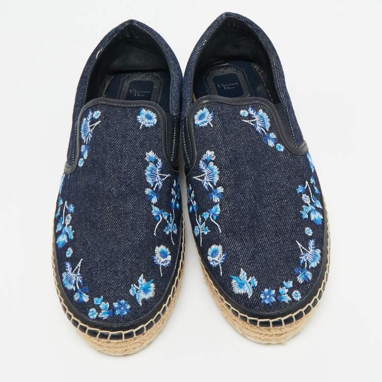 Pre Owned Dior Blue Denim Floral Embroidered Denim Prairie Espadrille Flats Size 39.5