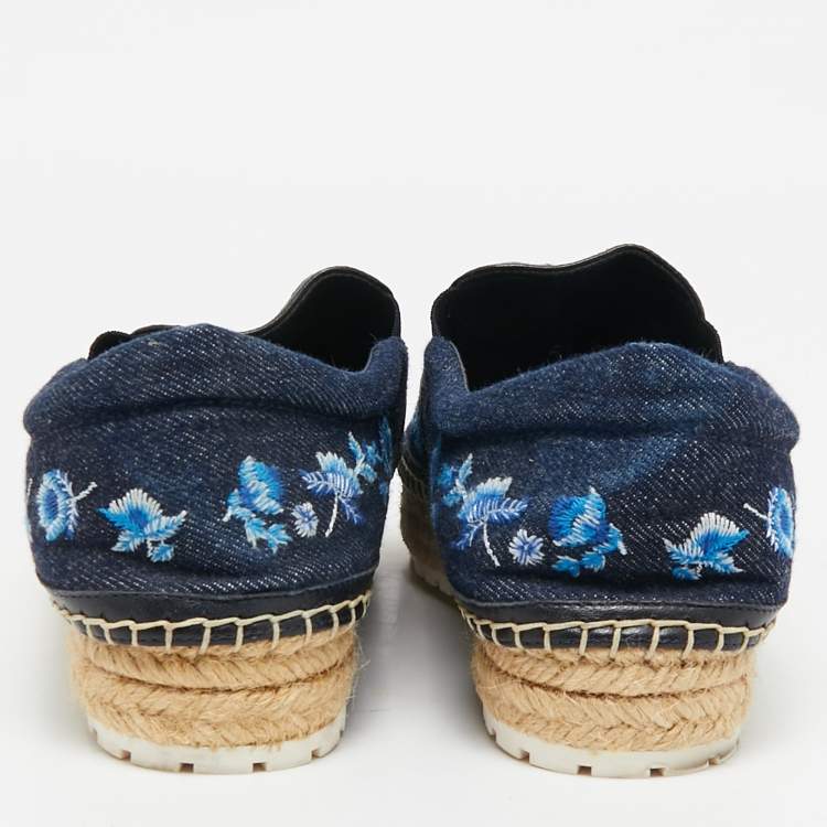 Pre Owned Dior Blue Denim Floral Embroidered Denim Prairie Espadrille Flats Size 39.5