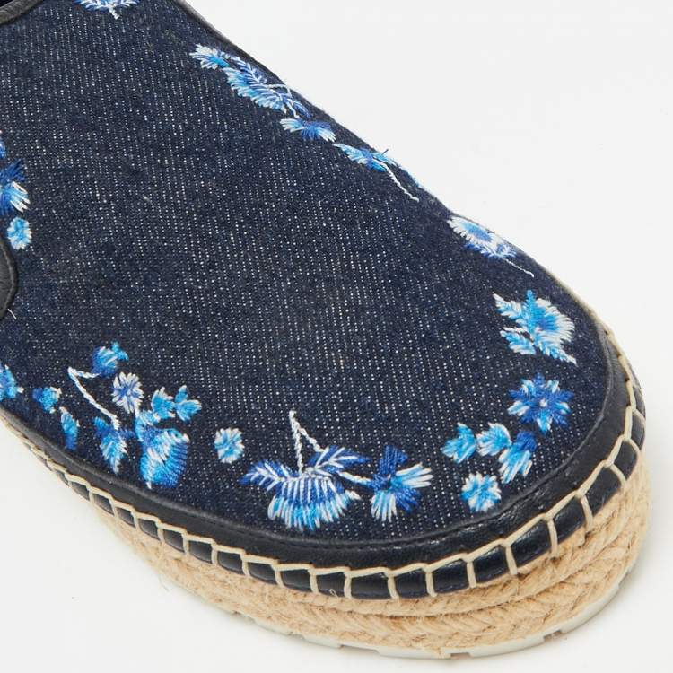 Pre Owned Dior Blue Denim Floral Embroidered Denim Prairie Espadrille Flats Size 39.5