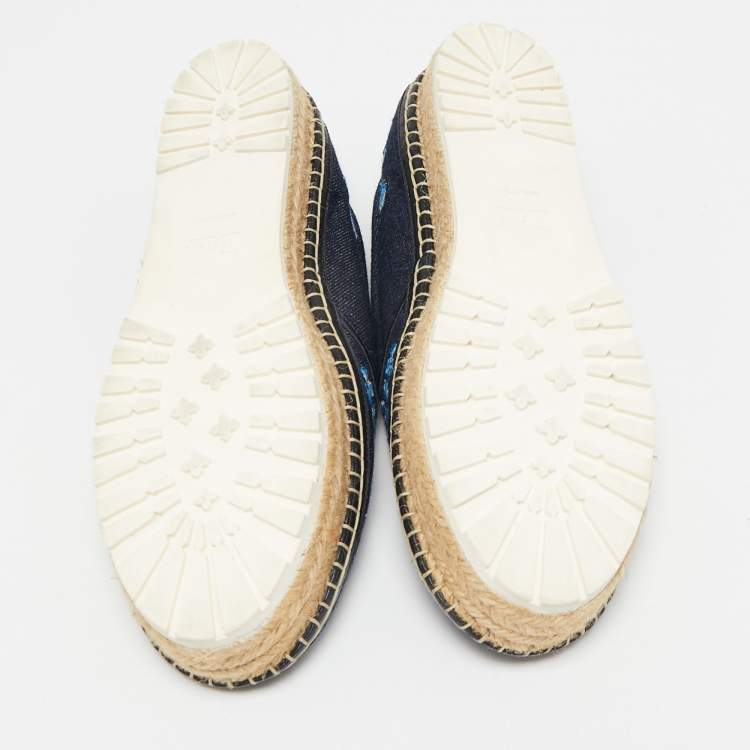 Pre Owned Dior Blue Denim Floral Embroidered Denim Prairie Espadrille Flats Size 39.5