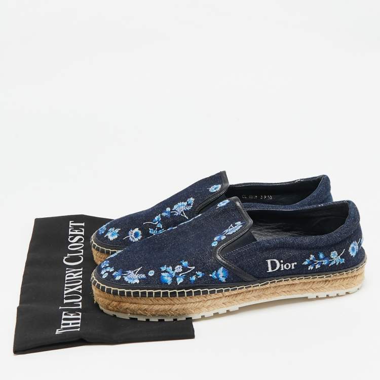 Pre Owned Dior Blue Denim Floral Embroidered Denim Prairie Espadrille Flats Size 39.5