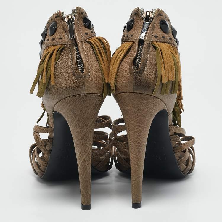 Pre Owned Dior Beige Leather and Suede Fringe Ankle Strap Sandals Size 40