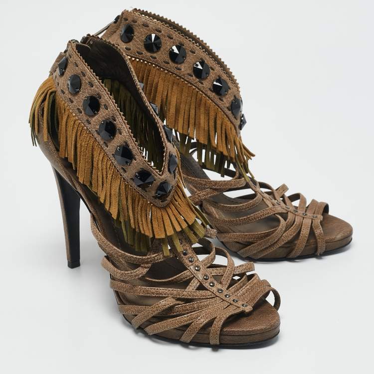 Pre Owned Dior Beige Leather and Suede Fringe Ankle Strap Sandals Size 40