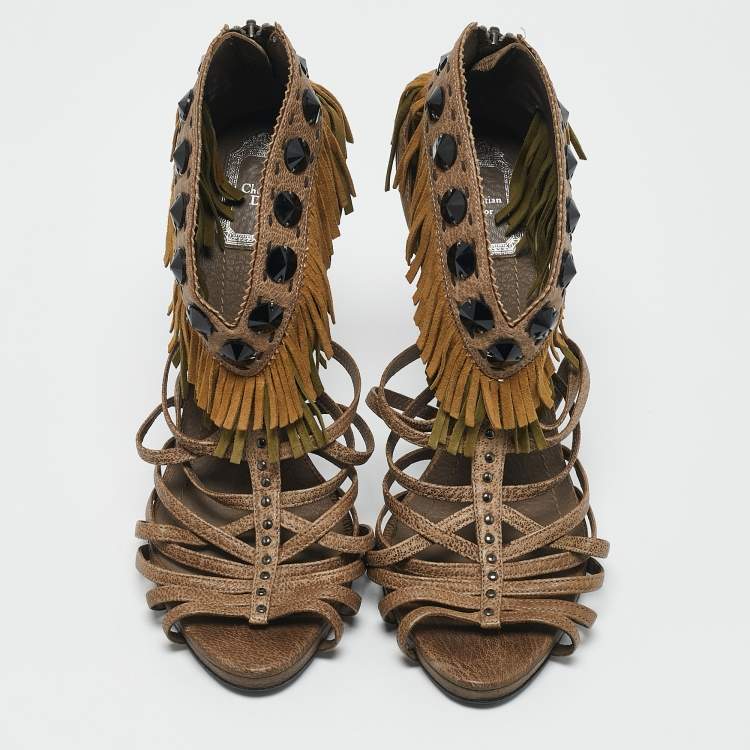 Pre Owned Dior Beige Leather and Suede Fringe Ankle Strap Sandals Size 40