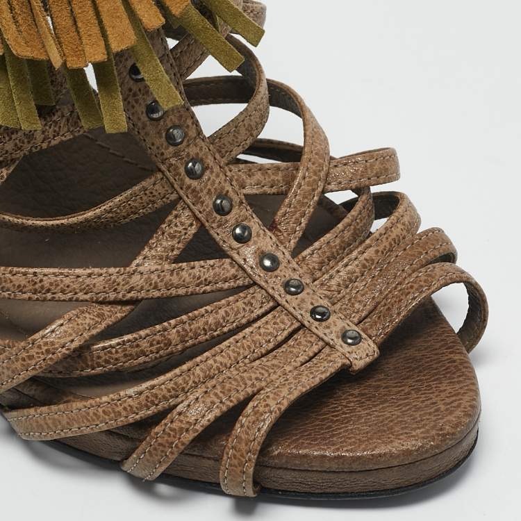 Pre Owned Dior Beige Leather and Suede Fringe Ankle Strap Sandals Size 40