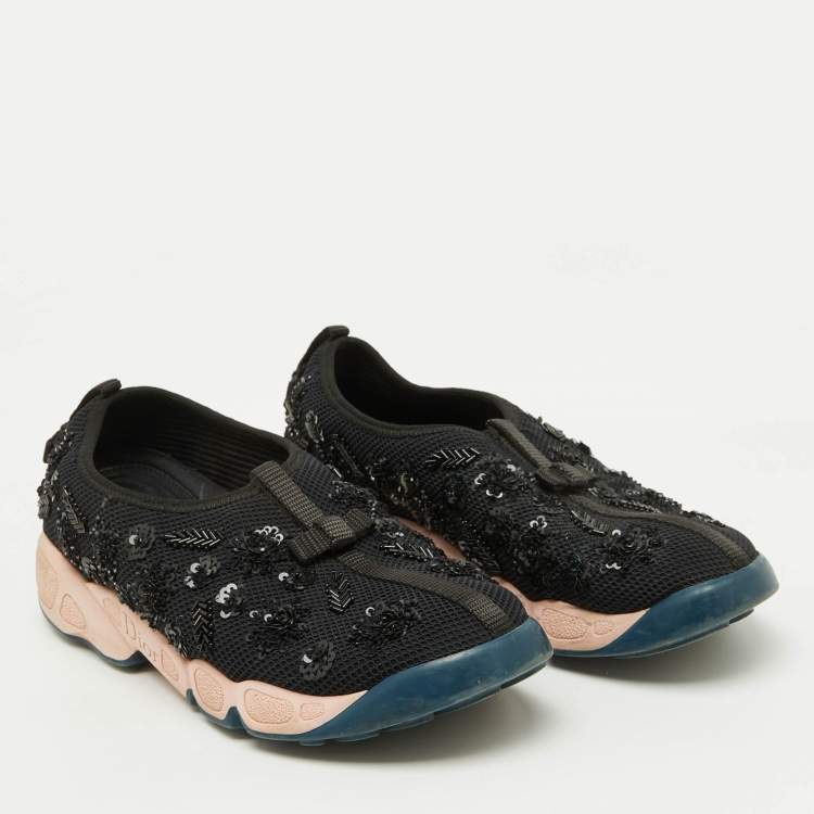 Pre Owned Dior Black Mesh Crystal Embellished Fusion Slip On Sneakers Size 38.5
