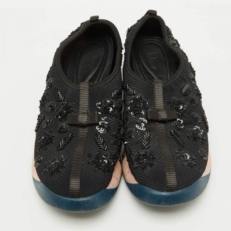 Pre Owned Dior Black Mesh Crystal Embellished Fusion Slip On Sneakers Size 38.5