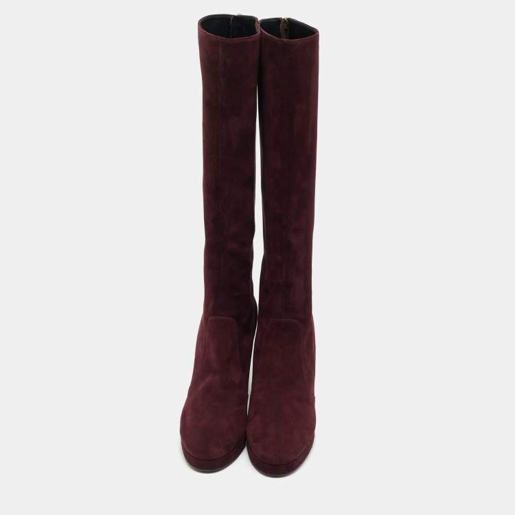 Pre Owned Dior Burgundy Suede Knee Length Boots Size 41