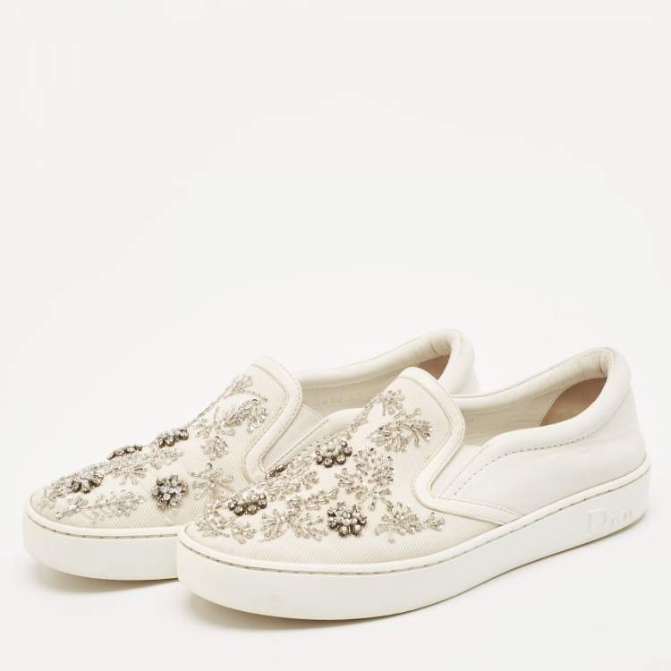 Pre Owned Dior White Denim And Leather Happy Crystal Embellished Slip On Sneakers Size 37
