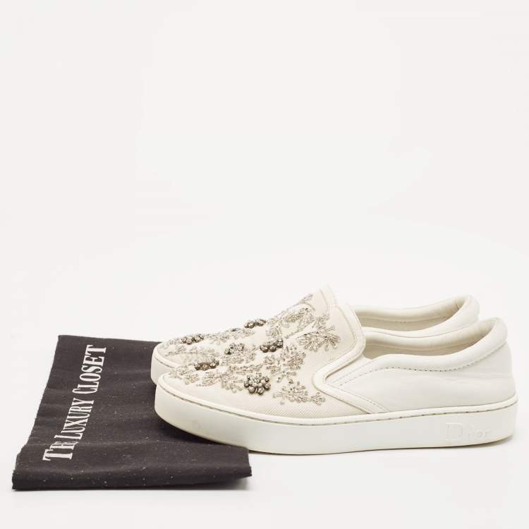 Pre Owned Dior White Denim And Leather Happy Crystal Embellished Slip On Sneakers Size 37