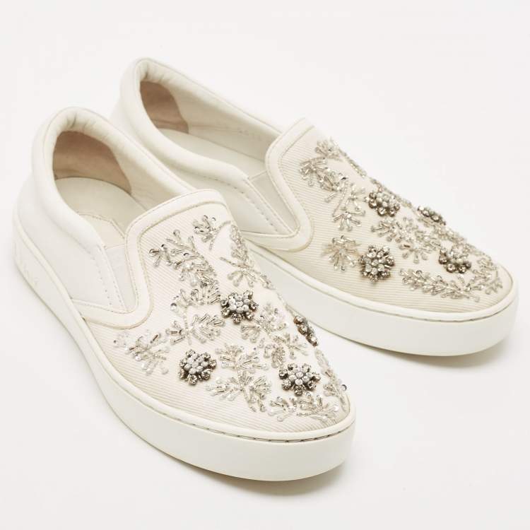 Pre Owned Dior White Denim And Leather Happy Crystal Embellished Slip On Sneakers Size 37