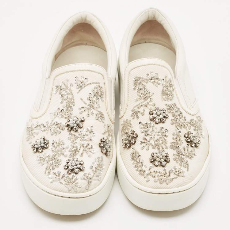 Pre Owned Dior White Denim And Leather Happy Crystal Embellished Slip On Sneakers Size 37