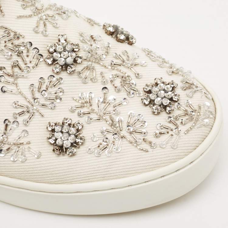 Pre Owned Dior White Denim And Leather Happy Crystal Embellished Slip On Sneakers Size 37