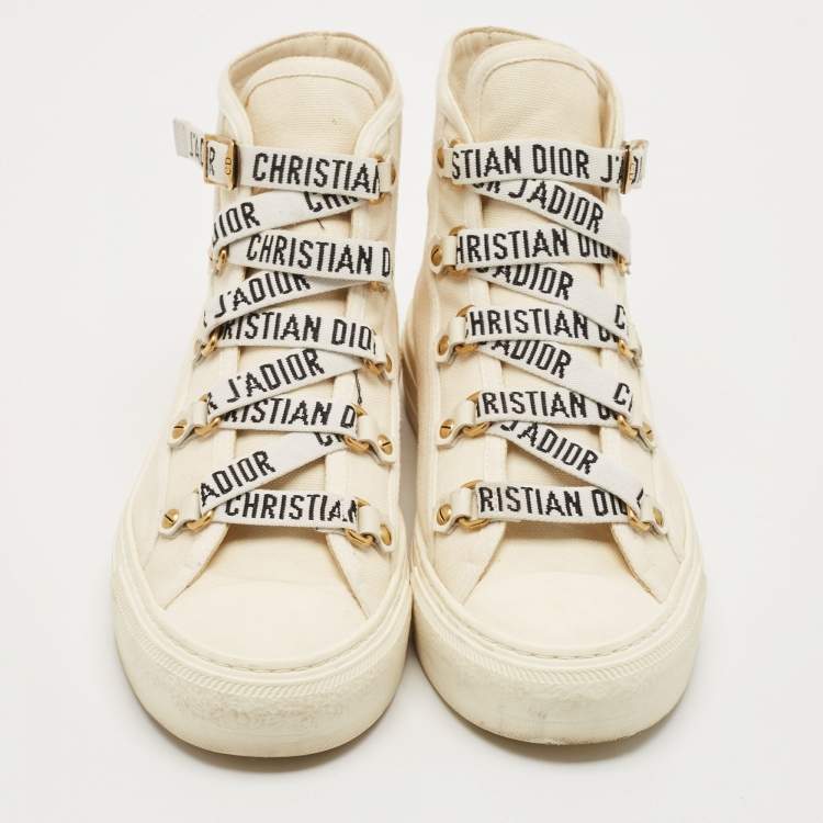 Pre Owned Dior White Canvas Walk'n'Dior High Top Sneakers Size 39.5