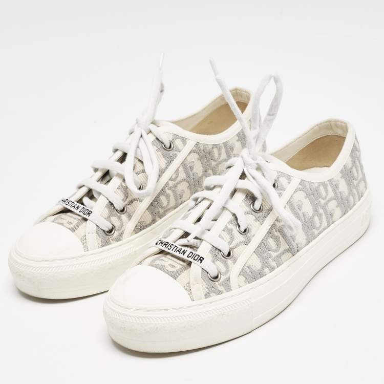Pre Owned Dior Grey Embroidered Cotton Oblique Motif Walk'n'Dior Low Top Sneakers Size 38