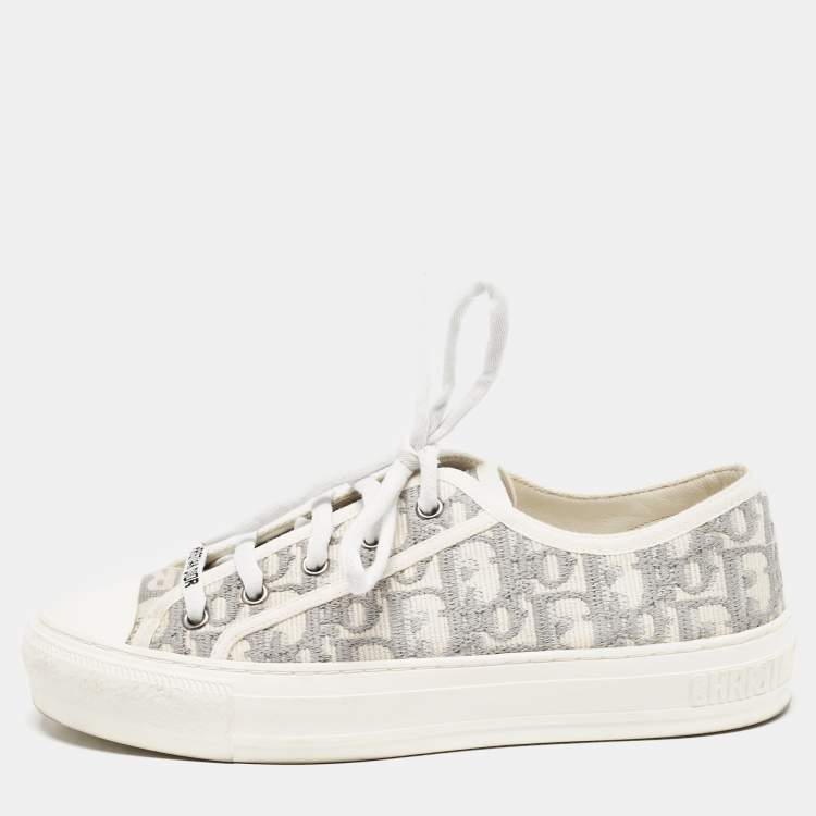Pre Owned Dior Grey Embroidered Cotton Oblique Motif Walk'n'Dior Low Top Sneakers Size 38