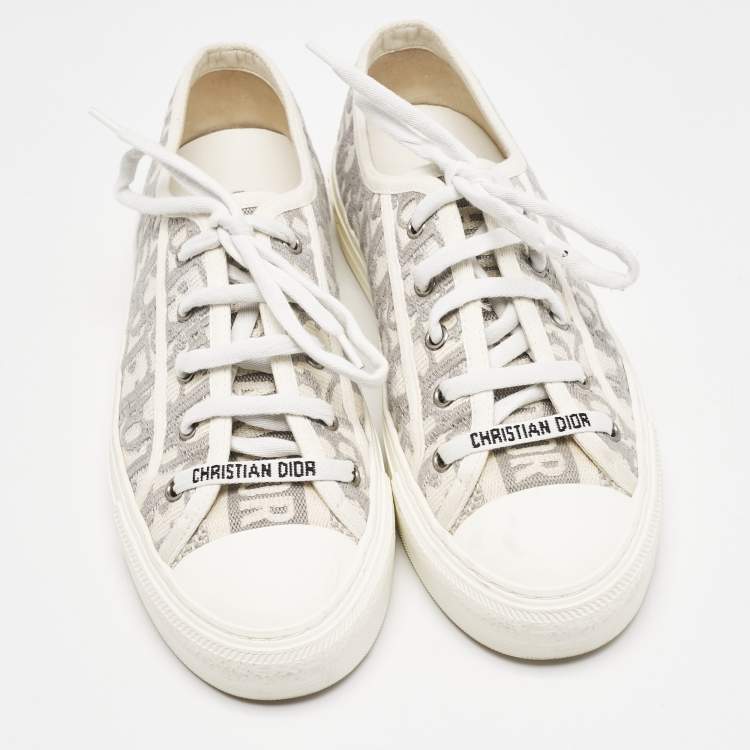 Pre Owned Dior Grey Embroidered Cotton Oblique Motif Walk'n'Dior Low Top Sneakers Size 38