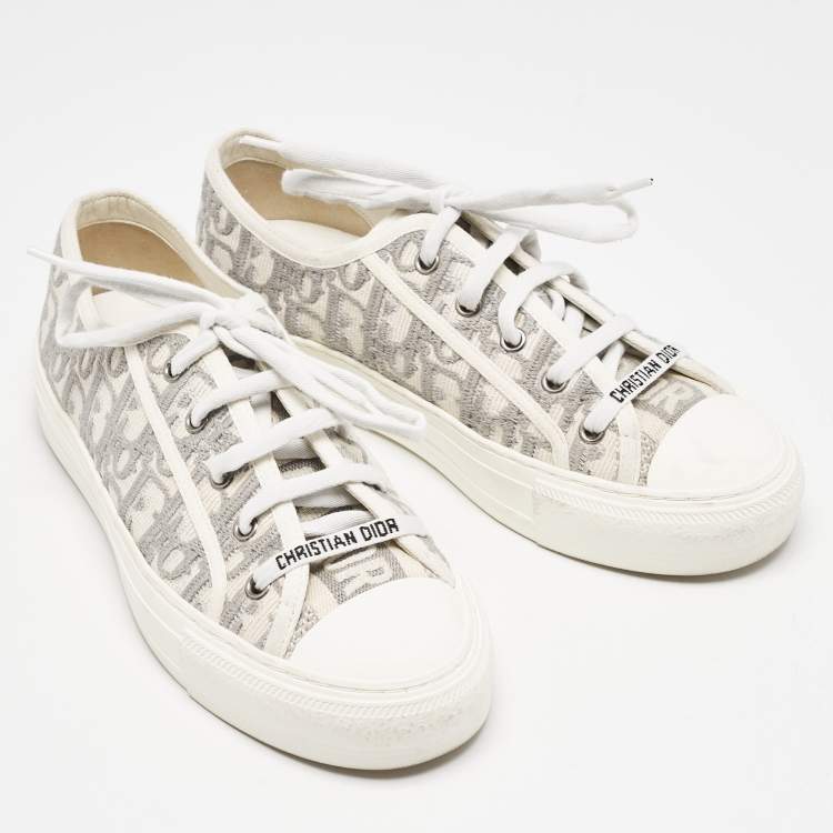 Pre Owned Dior Grey Embroidered Cotton Oblique Motif Walk'n'Dior Low Top Sneakers Size 38