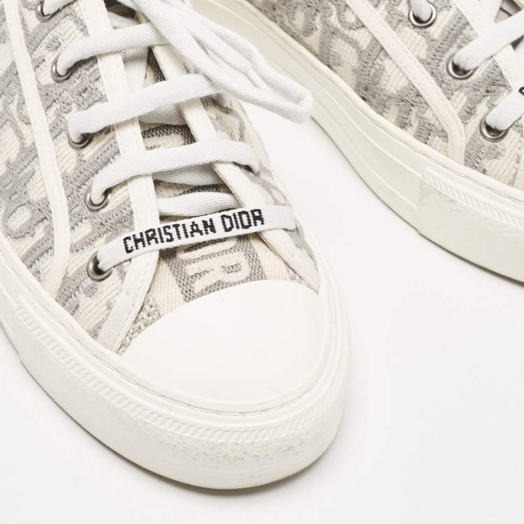 Pre Owned Dior Grey Embroidered Cotton Oblique Motif Walk'n'Dior Low Top Sneakers Size 38