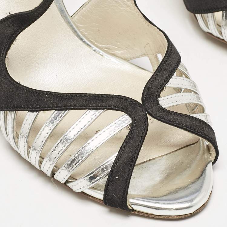 Pre Owned Dior Black/Silver Satin and Leather Strappy Ankle Strap Sandals Size 37.5