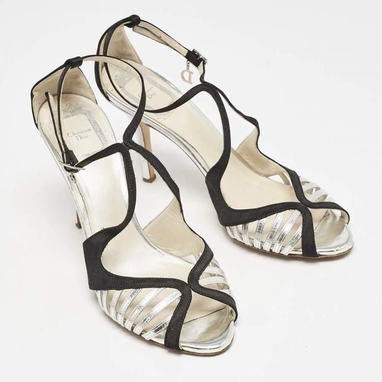 Pre Owned Dior Black/Silver Satin and Leather Strappy Ankle Strap Sandals Size 37.5