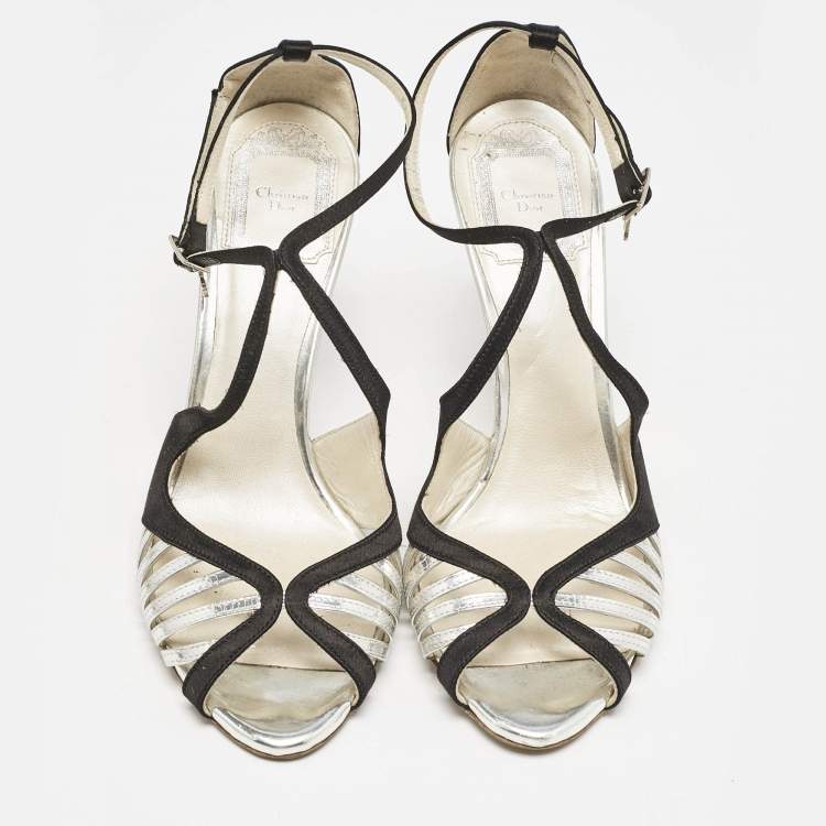 Pre Owned Dior Black/Silver Satin and Leather Strappy Ankle Strap Sandals Size 37.5