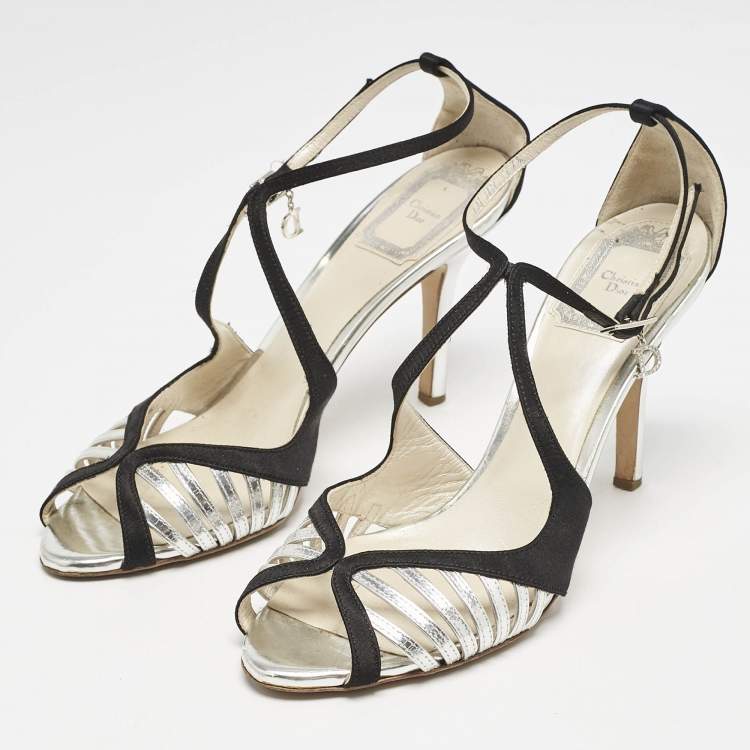Pre Owned Dior Black/Silver Satin and Leather Strappy Ankle Strap Sandals Size 37.5
