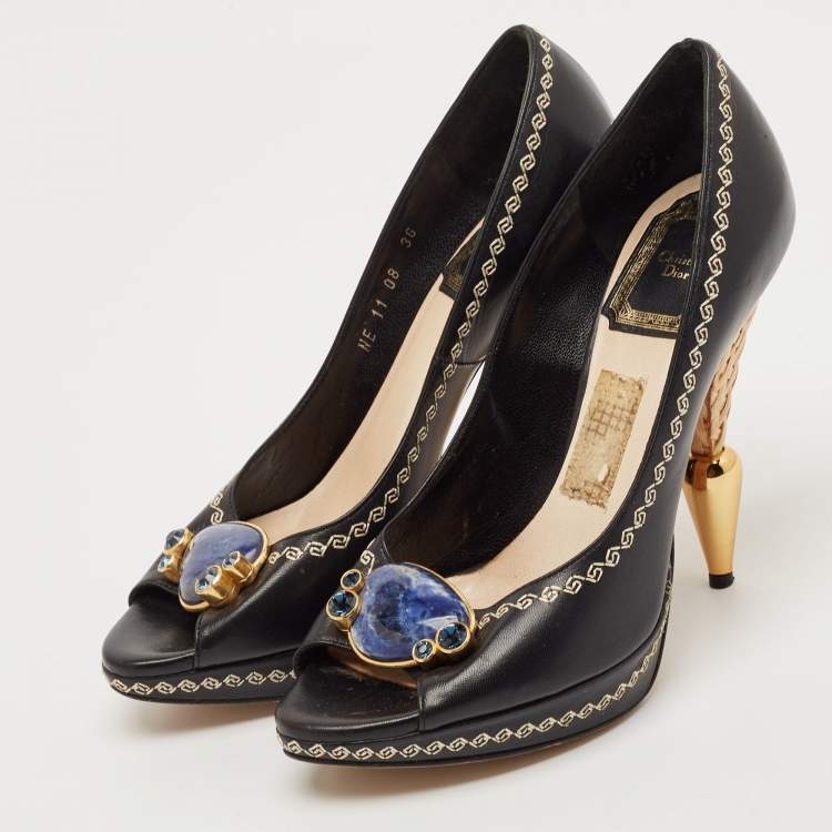 Pre Owned Dior Black Leather Bow Detail Peep Toe Pumps Size 36