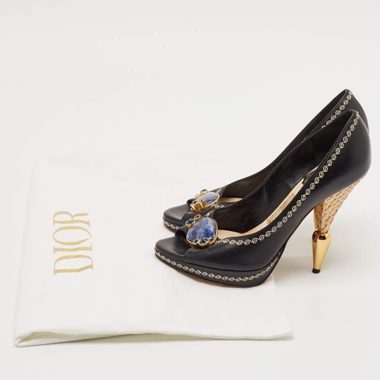 Pre Owned Dior Black Leather Bow Detail Peep Toe Pumps Size 36
