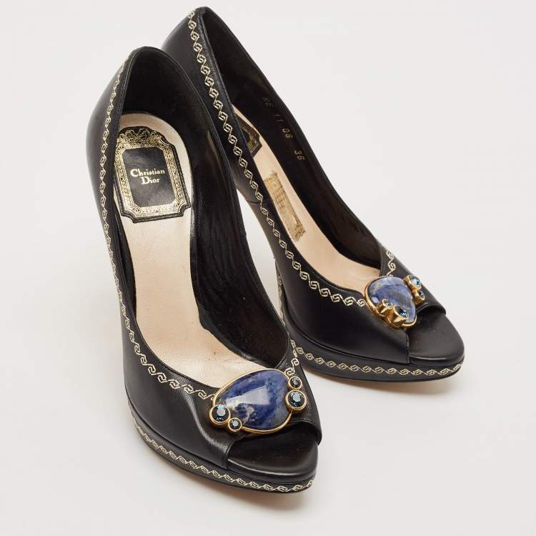 Pre Owned Dior Black Leather Bow Detail Peep Toe Pumps Size 36