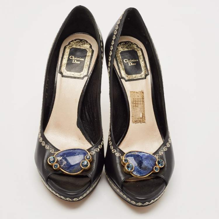 Pre Owned Dior Black Leather Bow Detail Peep Toe Pumps Size 36