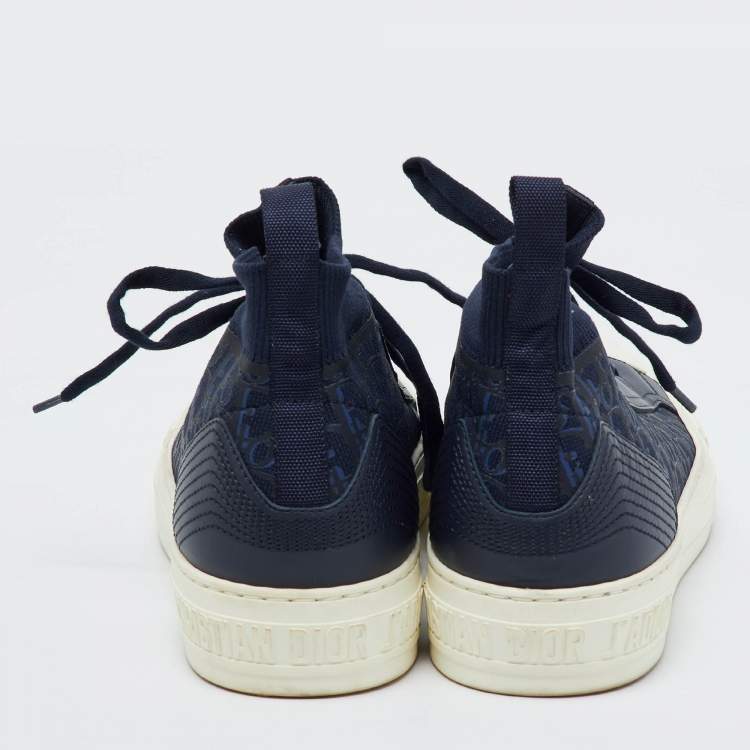 Pre Owned Dior Navy Blue Knit Fabric and Leather Walk'n'Dior Mid Sneakers Size 39