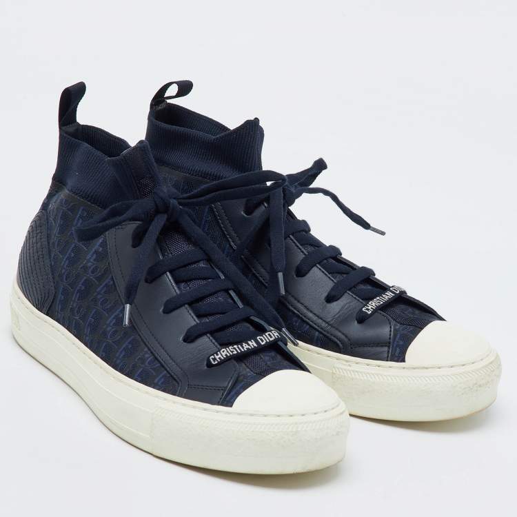 Pre Owned Dior Navy Blue Knit Fabric and Leather Walk'n'Dior Mid Sneakers Size 39