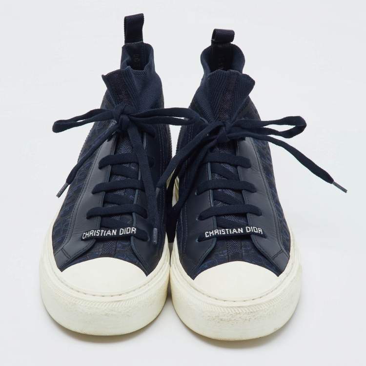 Pre Owned Dior Navy Blue Knit Fabric and Leather Walk'n'Dior Mid Sneakers Size 39